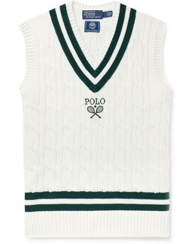 Polo Ralph Lauren Wimbledon Logo-embroidered Cable-knit Cotton Sweater Vest - White