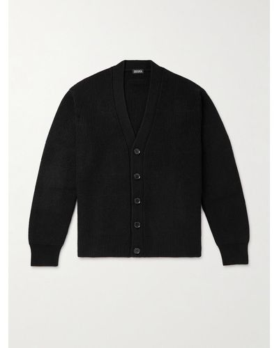 Zegna Ribbed Oasi Cashmere And Cotton-blend Cardigan - Black