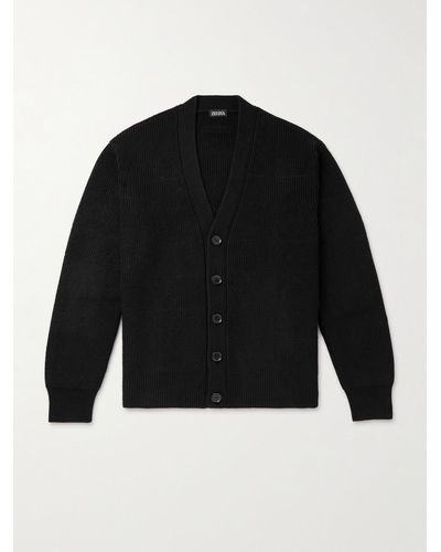 Zegna Cardigan in misto cashmere Oasi e cotone a coste - Nero