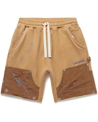 LOST DAZE Straight-leg Paint-splattered Cotton-jersey Drawstring Shorts - Natural