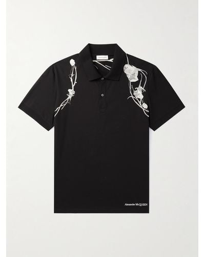 Alexander McQueen Pressed Flower Harness Embroidered Cotton-jersey Polo Shirt - Black