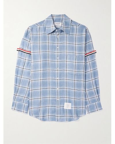 Thom Browne Oversized Logo-appliquéd Grosgrain-trimmed Checked Linen Shirt - Blue