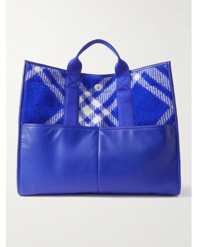 Burberry Leather-trimmed Checked Wool Tote Bag - Blue