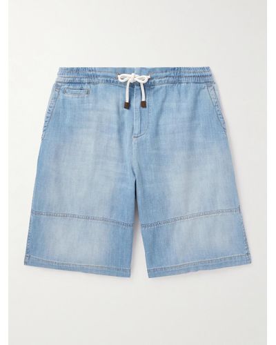 Brunello Cucinelli Straight-leg Cotton-chambray Drawstring Shorts - Blue