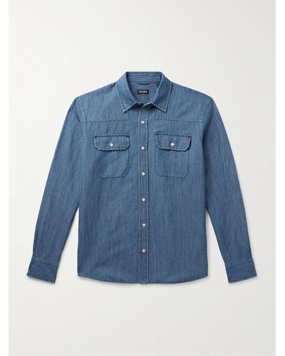 Zegna Camicia in chambray di misto cotone e lino stonewashed - Blu