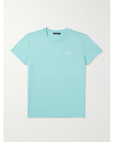 Balmain T-Shirt aus Baumwoll-Jersey mit Logoflockdruck - Blau