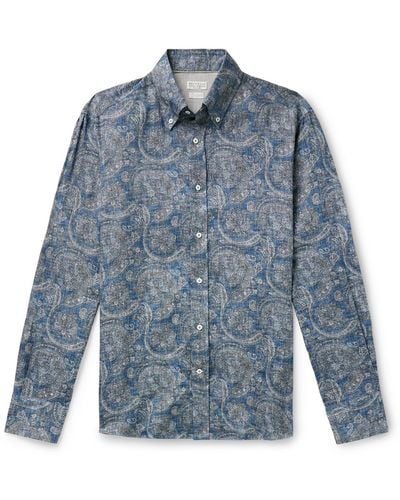 Brunello Cucinelli Button-down Collar Paisley-print Linen-chambray Shirt - Blue