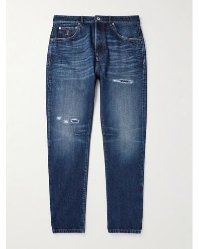 Brunello Cucinelli Jeans slim-fit a gamba affusolata effetto invecchiato con logo ricamato - Blu