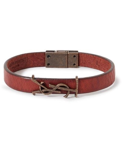Saint Laurent Opyum Leather And Burnished Gold-tone Bracelet - Red