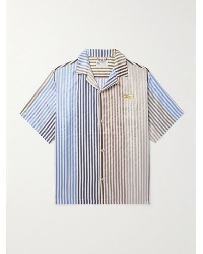 4SDESIGNS Hemd aus gestreifter Seiden-Faille mit Logoapplikation und wandelbarem Kragen - Blau