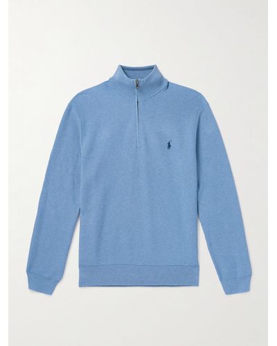 Polo Ralph Lauren Logo-embroidered Honeycomb-knit Cotton Half-zip Jumper - Blue