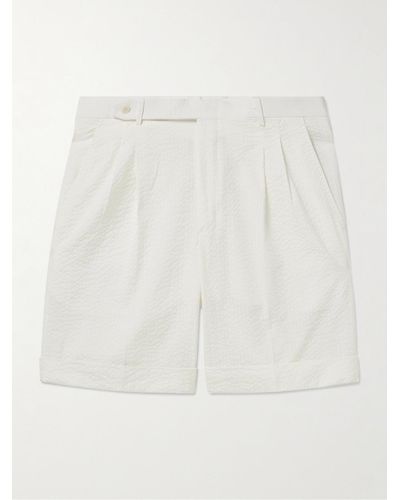 Brioni Straight-leg Pleated Cotton-seersucker Shorts - White