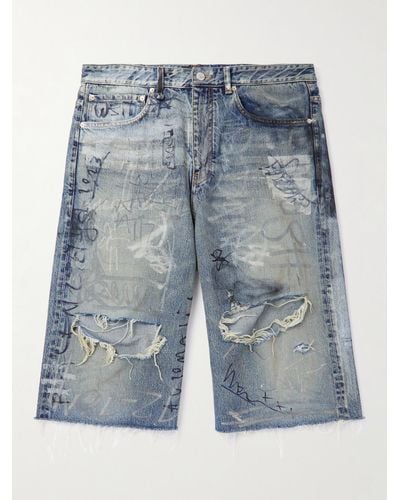 Balenciaga Straight-leg Distressed Printed Denim Shorts - Blue