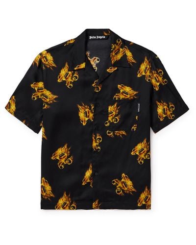 Palm Angels Burning Convertible-collar Logo-print Satin Shirt - Black