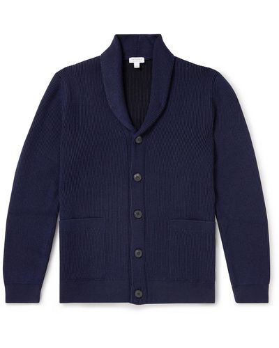 Sunspel Shawl-collar Ribbed Merino Wool And Cotton-blend Cardigan - Blue
