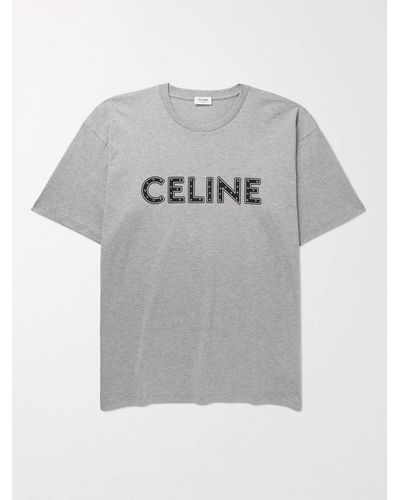 CELINE HOMME Studded Logo-print Mélange Cotton-jersey T-shirt - Grey
