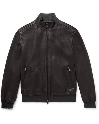 Zegna Reversible Perforated Leather And Shell Bomber Jacket - Black