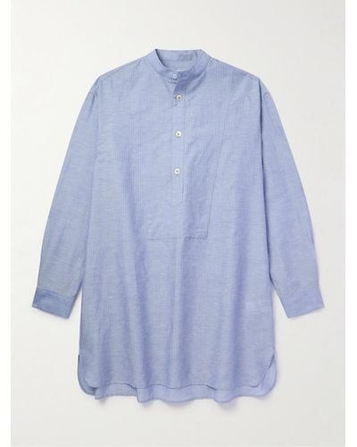 Loro Piana Suwako Grandad-collar Striped Linen And Cotton-blend Shirt - Blue