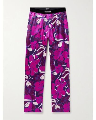 Tom Ford Pantaloni da pigiama a gamba dritta in misto seta stretch stampato con finiture in velluto - Rosa