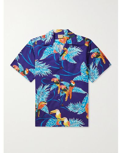 Go Barefoot Tropical Birds Camp-collar Printed Cotton Shirt - Blue