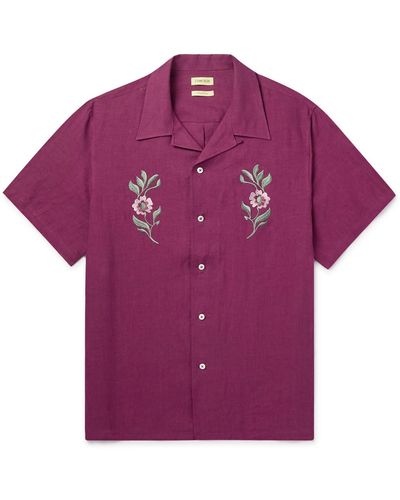 De Bonne Facture Camp-collar Embroidered Linen Shirt - Purple