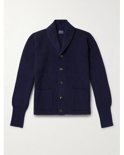 William Lockie Duncan Shawl-collar Ribbed Merino Wool And Cashmere-blend Cardigan - Blue