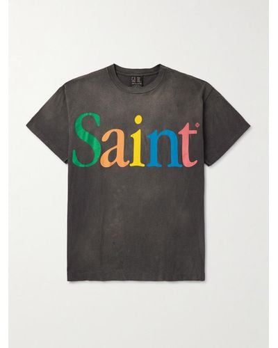 SAINT Mxxxxxx Rainbow Logo-print Distressed Cotton-jersey T-shirt - Grey