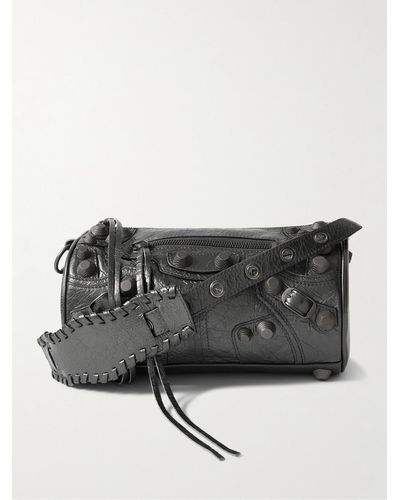 Balenciaga Le Cagole Studded Metallic Crinkled-leather Messenger Bag - Black