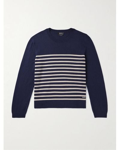A.P.C. Matthew Striped Logo-embroidered Cashmere And Cotton-blend Jumper - Blue