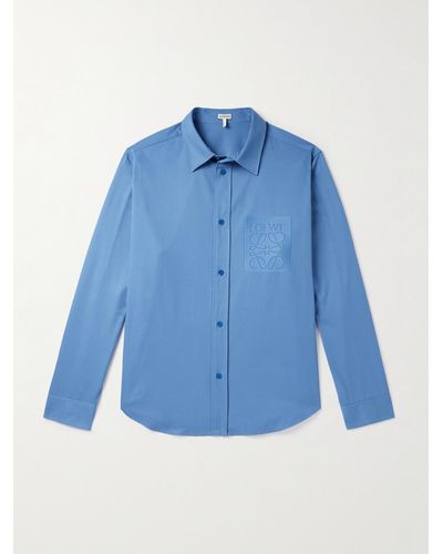 Loewe Camicia in popeline di cotone con logo ricamato - Blu