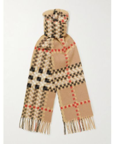 Burberry Fringed Checked Cashmere Scarf - White