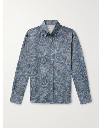 Brunello Cucinelli Hemd aus Leinen-Chambray mit Paisley-Print und Button-Down-Kragen - Blau