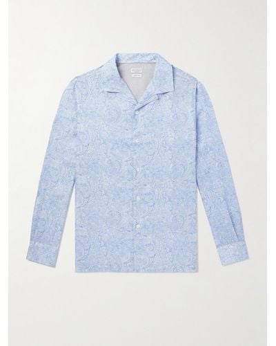 Brunello Cucinelli Camicia in lino con stampa paisley e colletto aperto - Blu