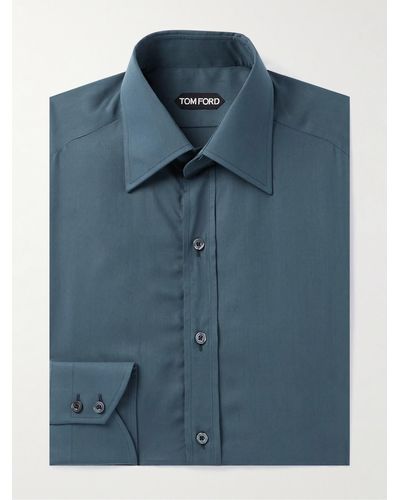 Tom Ford Camicia in popeline di misto lyocell con collo alla francese - Blu