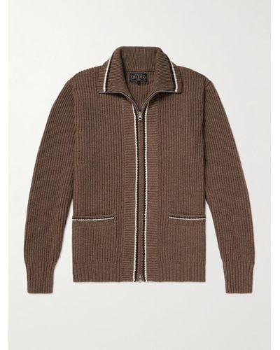 Beams Plus Cardigan in misto lana a coste con bordi a contrasto - Marrone