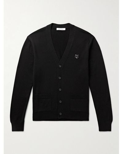 Maison Kitsuné Slim-fit Logo-appliquéd Wool Cardigan - Black