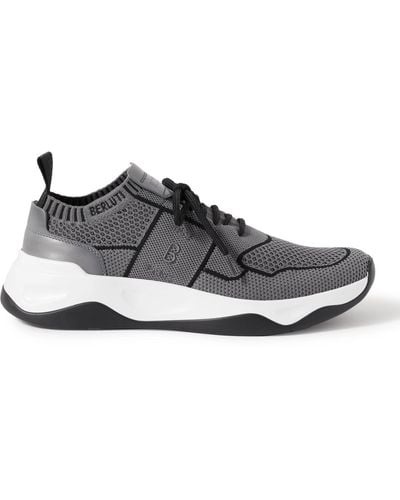 Berluti Shadow Venezia Leather-trimmed Stretch-knit Sneakers - Gray