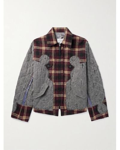 Maison Margiela Pendleton Embroidered Patchwork Checked Wool And Cotton Bomber Jacket - Grey