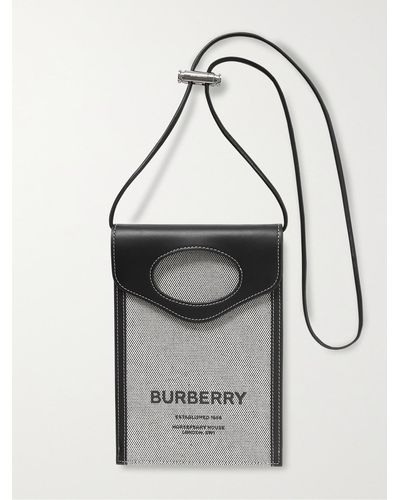 Burberry Leather-trimmed Logo-print Canvas Pouch With Lanyard - Grey