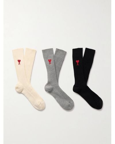 Ami Paris Set aus drei Paar Socken aus einer gerippten Baumwollmischung mit Logostickerei - Schwarz