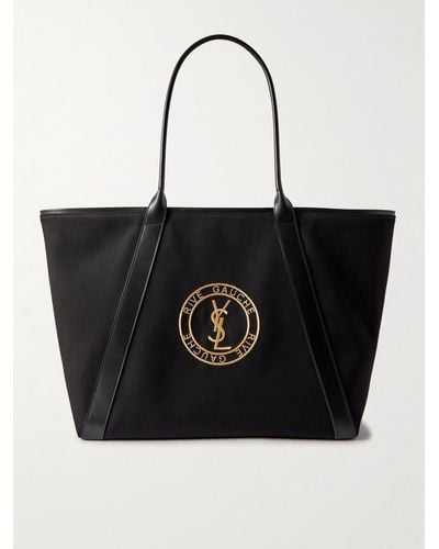 Saint Laurent Leather-trimmed Logo-embroidered Cotton-gabardine Tote Bag - Black