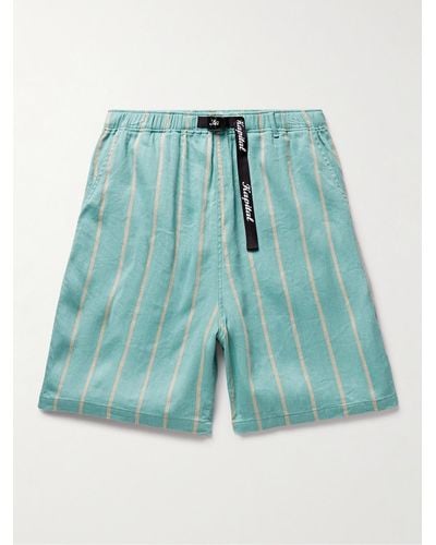 Kapital Phillies Straight-leg Striped Belted Linen And Cotton-blend Shorts - Blue