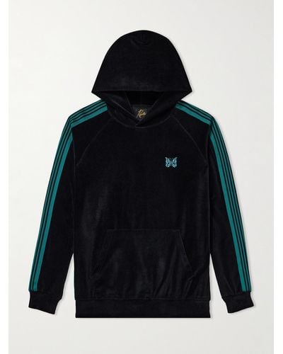 Needles Webbing-trimmed Logo-embroidered Cotton-blend Velour Hoodie - Blue