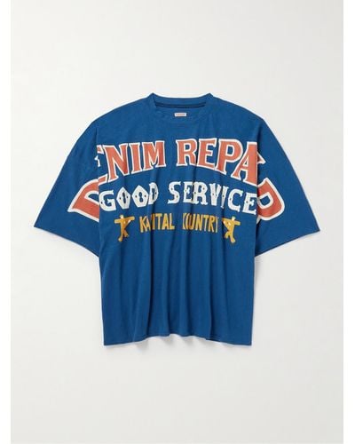 Kapital T-shirt oversize in jersey di cotone con stampa Denim Repair - Blu
