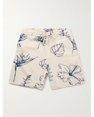 The Elder Statesman Botanic Straight-leg Printed Slub Cotton And Silk-blend Drawstring Shorts - Natural