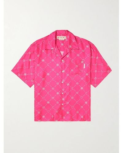 Marni Camp-collar Logo-print Silk-twill Shirt - Pink