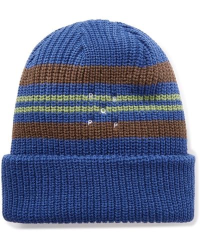 Pop Trading Co. Logo-embroidered Striped Ribbed-knit Beanie - Blue
