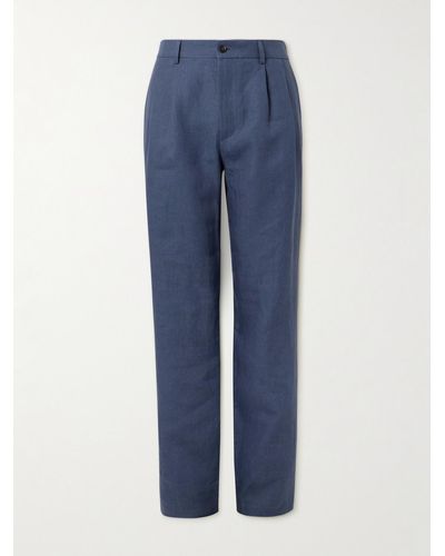 De Bonne Facture Straight-leg Pleated Linen Suit Trousers - Blue