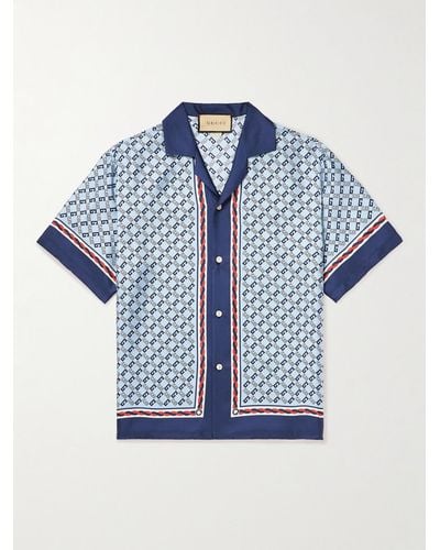Gucci Camicia da bowling con stampa geometrica g quadro in seta uomo - Blu