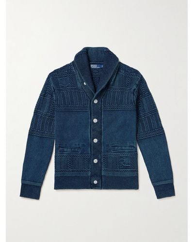 Polo Ralph Lauren Shawl-collar Panelled Cable-knit Cotton Cardigan - Blue